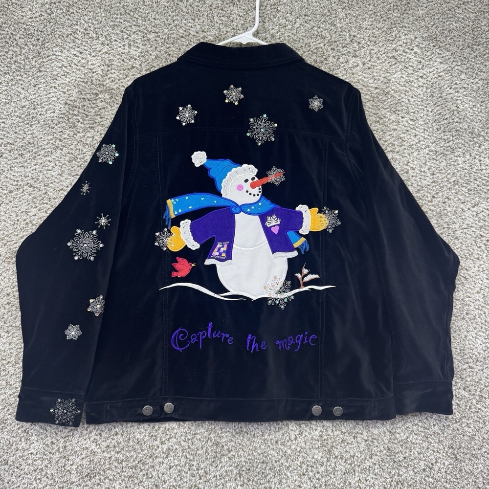 VTG The Quaker Factory Shirt Women's Medium Velvet Grandma Snowman Embroidered
